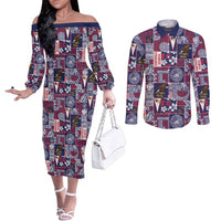 Manuia le Kerisimasi American Samoa Couples Matching Off The Shoulder Long Sleeve Dress and Long Sleeve Button Shirt Pacific Patchwork Xmas Vibes - Polynesian Pride