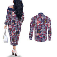 Manuia le Kerisimasi American Samoa Couples Matching Off The Shoulder Long Sleeve Dress and Long Sleeve Button Shirt Pacific Patchwork Xmas Vibes - Polynesian Pride