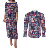 Manuia le Kerisimasi American Samoa Couples Matching Puletasi and Long Sleeve Button Shirt Pacific Patchwork Xmas Vibes LT9 Blue - Polynesian Pride