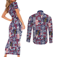 Manuia le Kerisimasi American Samoa Couples Matching Short Sleeve Bodycon Dress and Long Sleeve Button Shirt Pacific Patchwork Xmas Vibes LT9 - Polynesian Pride