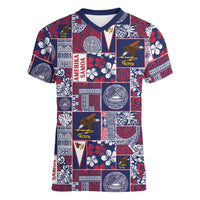Manuia le Kerisimasi American Samoa Women V-Neck T-Shirt Pacific Patchwork Xmas Vibes LT9 Female Blue - Polynesian Pride