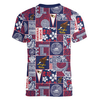 Manuia le Kerisimasi American Samoa Women V-Neck T-Shirt Pacific Patchwork Xmas Vibes LT9 - Polynesian Pride