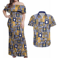 Ekamawir omo Nauru Couples Matching Off Shoulder Maxi Dress and Hawaiian Shirt Pacific Patchwork Xmas Vibes LT9 Blue - Polynesian Pride