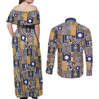 Ekamawir omo Nauru Couples Matching Off Shoulder Maxi Dress and Long Sleeve Button Shirt Pacific Patchwork Xmas Vibes - Polynesian Pride