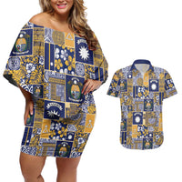 Ekamawir omo Nauru Couples Matching Off Shoulder Short Dress and Hawaiian Shirt Pacific Patchwork Xmas Vibes LT9 Blue - Polynesian Pride