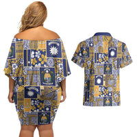 Ekamawir omo Nauru Couples Matching Off Shoulder Short Dress and Hawaiian Shirt Pacific Patchwork Xmas Vibes LT9 - Polynesian Pride