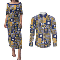 Ekamawir omo Nauru Couples Matching Puletasi and Long Sleeve Button Shirt Pacific Patchwork Xmas Vibes LT9 Blue - Polynesian Pride