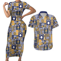 Ekamawir omo Nauru Couples Matching Short Sleeve Bodycon Dress and Hawaiian Shirt Pacific Patchwork Xmas Vibes LT9 Blue - Polynesian Pride