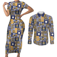 Ekamawir omo Nauru Couples Matching Short Sleeve Bodycon Dress and Long Sleeve Button Shirt Pacific Patchwork Xmas Vibes LT9 Blue - Polynesian Pride