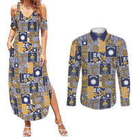 Ekamawir omo Nauru Couples Matching Summer Maxi Dress and Long Sleeve Button Shirt Pacific Patchwork Xmas Vibes LT9 Blue - Polynesian Pride