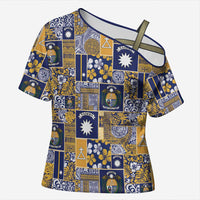 Ekamawir omo Nauru Cross Shoulder Shirt Pacific Patchwork Xmas Vibes LT9 Female Blue - Polynesian Pride