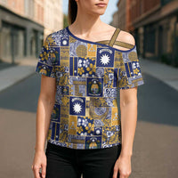 Ekamawir omo Nauru Cross Shoulder Shirt Pacific Patchwork Xmas Vibes LT9 - Polynesian Pride