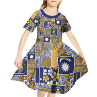 Ekamawir omo Nauru Kid Short Sleeve Dress Pacific Patchwork Xmas Vibes LT9 - Polynesian Pride