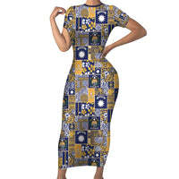 Ekamawir omo Nauru Short Sleeve Bodycon Dress Pacific Patchwork Xmas Vibes LT9 Long Dress Blue - Polynesian Pride