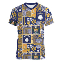 Ekamawir omo Nauru Women V-Neck T-Shirt Pacific Patchwork Xmas Vibes LT9 Female Blue - Polynesian Pride