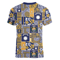 Ekamawir omo Nauru Women V-Neck T-Shirt Pacific Patchwork Xmas Vibes LT9 - Polynesian Pride