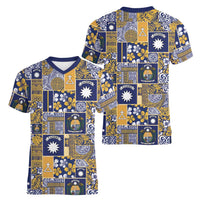 Ekamawir omo Nauru Women V-Neck T-Shirt Pacific Patchwork Xmas Vibes LT9 - Polynesian Pride