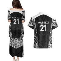 New Zealand Black Fern Custom Couples Matching Puletasi and Hawaiian Shirt Maori Tukutuku Black-white Motif