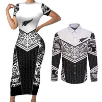 New Zealand Black Fern Custom Couples Matching Short Sleeve Bodycon Dress and Long Sleeve Button Shirt Maori Tukutuku Black-white Motif