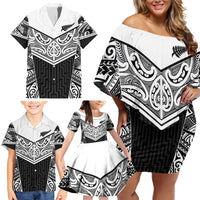 New Zealand Black Fern Custom Family Matching Off Shoulder Short Dress and Hawaiian Shirt Maori Tukutuku Black-white Motif