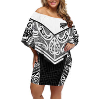 New Zealand Black Fern Custom Family Matching Off Shoulder Short Dress and Hawaiian Shirt Maori Tukutuku Black-white Motif