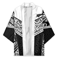 New Zealand Black Fern Custom Kimono Maori Tukutuku Black-white Motif - Polynesian Pride