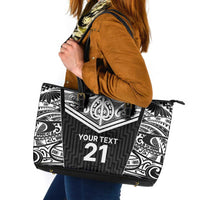 New Zealand Black Fern Custom Leather Tote Bag Maori Tukutuku Black-white Motif