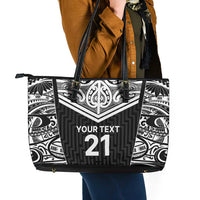 New Zealand Black Fern Custom Leather Tote Bag Maori Tukutuku Black-white Motif