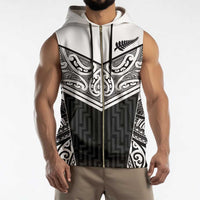 New Zealand Black Fern Custom Sleeveless Zip Hoodie Maori Tukutuku Black-white Motif - Polynesian Pride