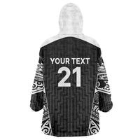 New Zealand Black Fern Custom Wearable Blanket Hoodie Maori Tukutuku Black-white Motif