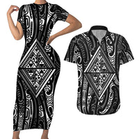 New Zealand Maori Taniko Couples Matching Short Sleeve Bodycon Dress and Hawaiian Shirt Black Kowhaiwhai Puhoro