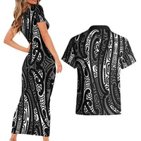 New Zealand Maori Taniko Couples Matching Short Sleeve Bodycon Dress and Hawaiian Shirt Black Kowhaiwhai Puhoro