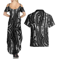 New Zealand Maori Taniko Couples Matching Summer Maxi Dress and Hawaiian Shirt Black Kowhaiwhai Puhoro