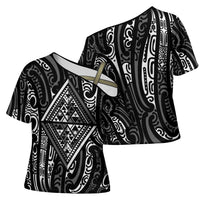 New Zealand Maori Taniko Cross Shoulder Shirt Black Kowhaiwhai Puhoro - Polynesian Pride