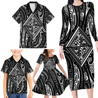 New Zealand Maori Taniko Family Matching Long Sleeve Bodycon Dress and Hawaiian Shirt Black Kowhaiwhai Puhoro