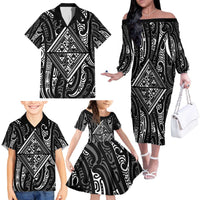 New Zealand Maori Taniko Family Matching Off The Shoulder Long Sleeve Dress and Hawaiian Shirt Black Kowhaiwhai Puhoro
