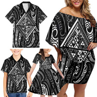 New Zealand Maori Taniko Family Matching Off Shoulder Short Dress and Hawaiian Shirt Black Kowhaiwhai Puhoro
