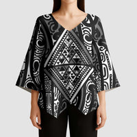 New Zealand Maori Taniko Kimono Sleeve Blouse Black Kowhaiwhai Puhoro - Polynesian Pride