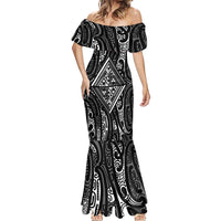 New Zealand Maori Taniko Mermaid Dress Black Kowhaiwhai Puhoro