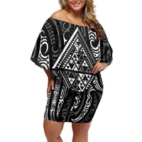 New Zealand Maori Taniko Off Shoulder Short Dress Black Kowhaiwhai Puhoro