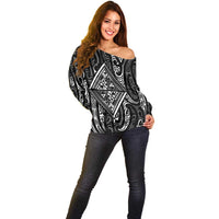 New Zealand Maori Taniko Off Shoulder Sweater Black Kowhaiwhai Puhoro