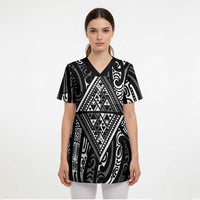New Zealand Maori Taniko Scrub Top Black Kowhaiwhai Puhoro - Polynesian Pride
