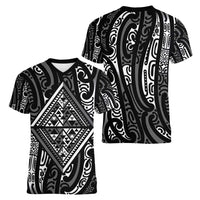 New Zealand Maori Taniko Women V-Neck T-Shirt Black Kowhaiwhai Puhoro