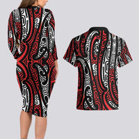 New Zealand Maori Taniko Couples Matching Long Sleeve Bodycon Dress and Hawaiian Shirt Red Kowhaiwhai Puhoro