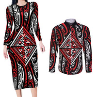 New Zealand Maori Taniko Couples Matching Long Sleeve Bodycon Dress and Long Sleeve Button Shirt Red Kowhaiwhai Puhoro