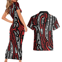 New Zealand Maori Taniko Couples Matching Short Sleeve Bodycon Dress and Hawaiian Shirt Red Kowhaiwhai Puhoro