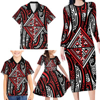 New Zealand Maori Taniko Family Matching Long Sleeve Bodycon Dress and Hawaiian Shirt Red Kowhaiwhai Puhoro