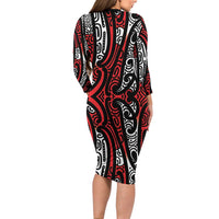 New Zealand Maori Taniko Family Matching Long Sleeve Bodycon Dress and Hawaiian Shirt Red Kowhaiwhai Puhoro