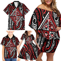 New Zealand Maori Taniko Family Matching Off Shoulder Short Dress and Hawaiian Shirt Red Kowhaiwhai Puhoro
