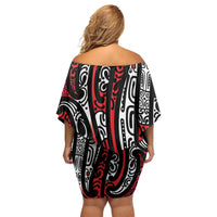 New Zealand Maori Taniko Family Matching Off Shoulder Short Dress and Hawaiian Shirt Red Kowhaiwhai Puhoro